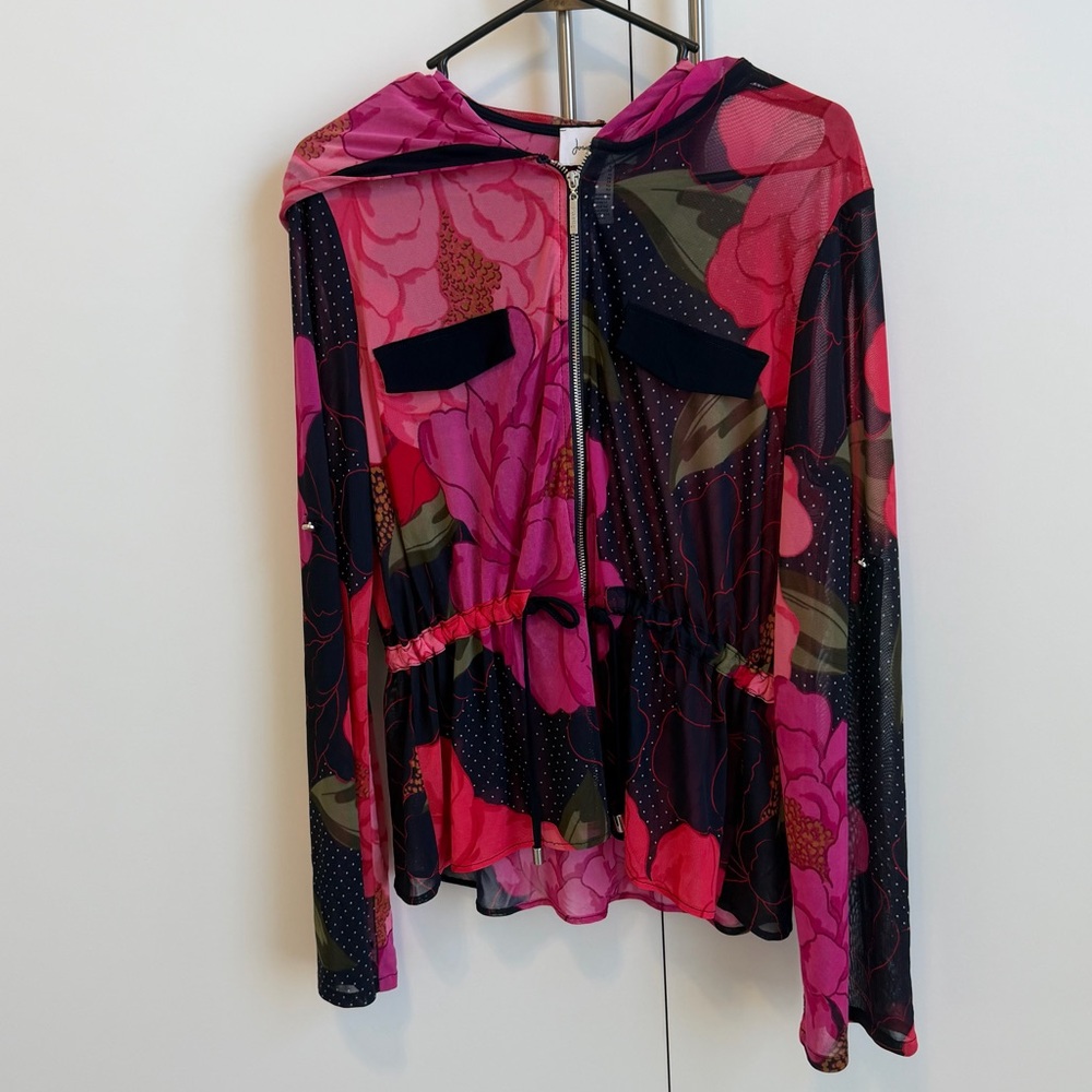 Joseph Ribkoff Floral Sheer Zip Jacket Size 8 Pink Black Lightweight